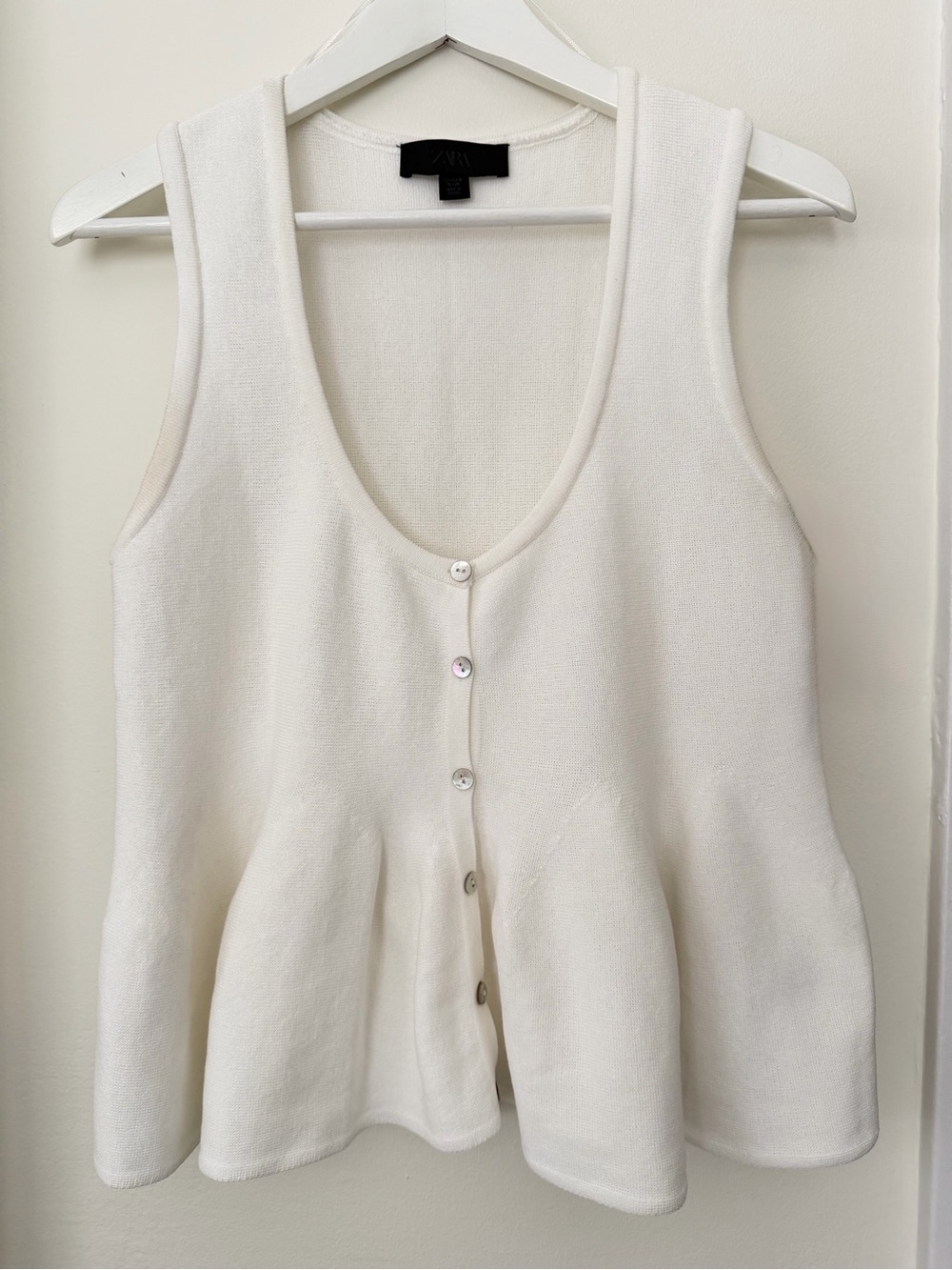 Zara Cream Scoop-Neck Button Front Knit Peplum Top.
